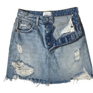Boyish Womens 24 Denim Mini Skirt Distressed Button Fly Light Wash